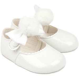 Baby Girls White Pom Pom Bow Patent Pram Shoes